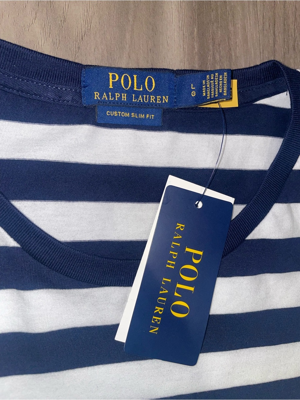 New Men’s Polo by Ralph Lauren Navy & White Striped Crewneck T-Shirt — Size L - Picture 3 of 5